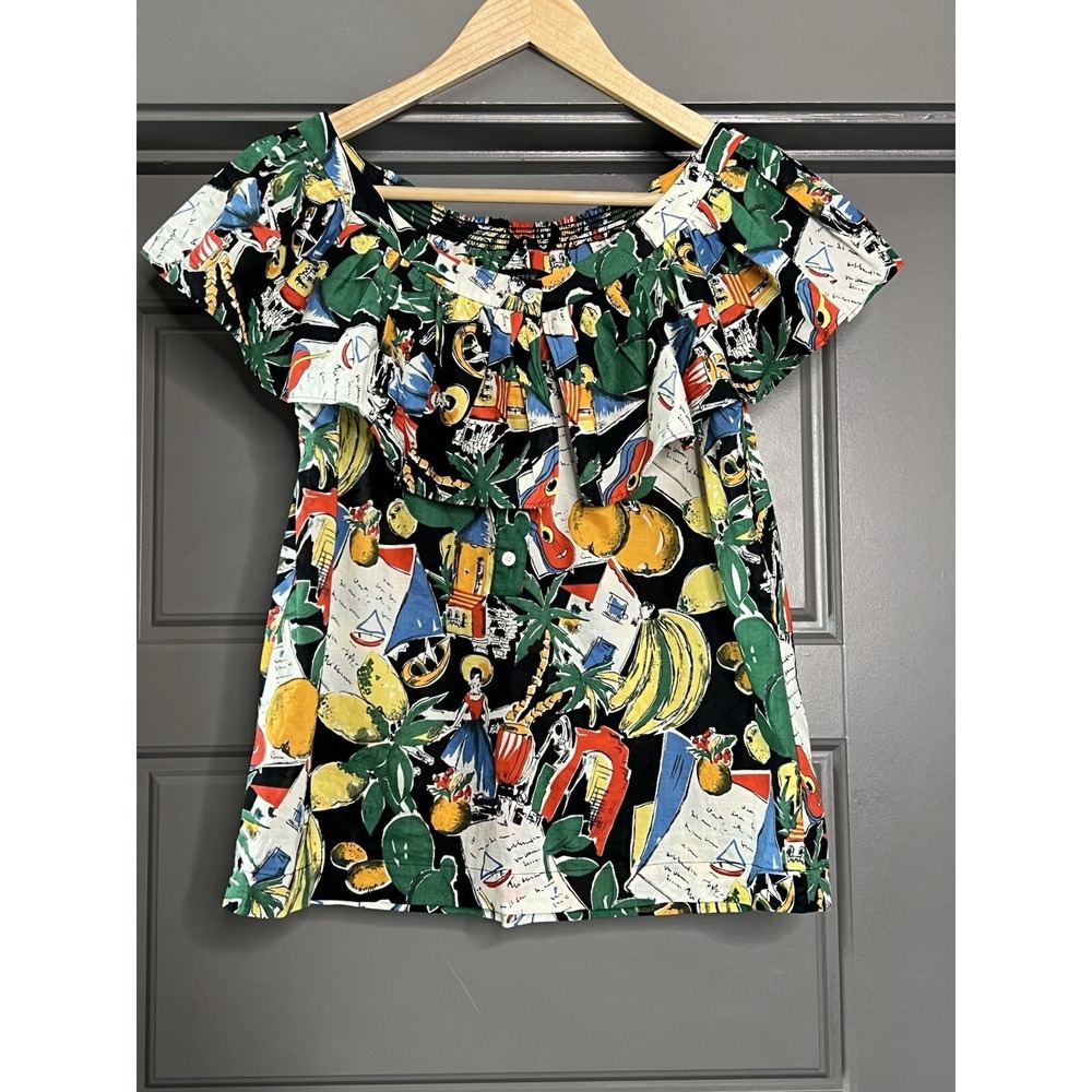 J. Crew Postcard Top Size 4 Colorful Tropical Ruffle Blouse Vacation Boho G5681 - Picture 12 of 12